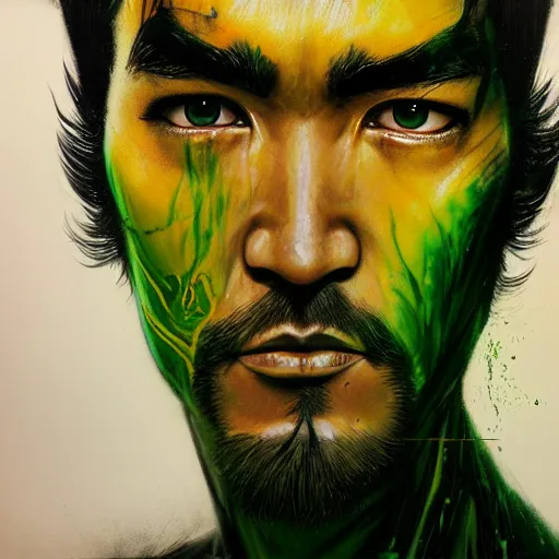 Image similar to a demon slayer portrait of bruce lee, tall, pale - skinned, and slender with lime green eyes and long eyelashes by stanley artgerm, tom bagshaw, arthur adams, carne griffiths, trending on deviant art, street art, face enhance, chillwave, maximalist, full of color, glittering