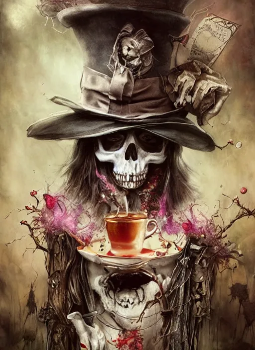 Prompt: Mad Hatter drinking tea with Alice in wonderland,death tarot card,highly detailed,half skull face,cinematic,8k,by Stanley Artgermm,Tom Bagshaw,Greg Rutkowski,Carne Griffiths, Ayami Kojima, Beksinski, Giger,trending on DeviantArt,hyper detailed,horror, full of colour