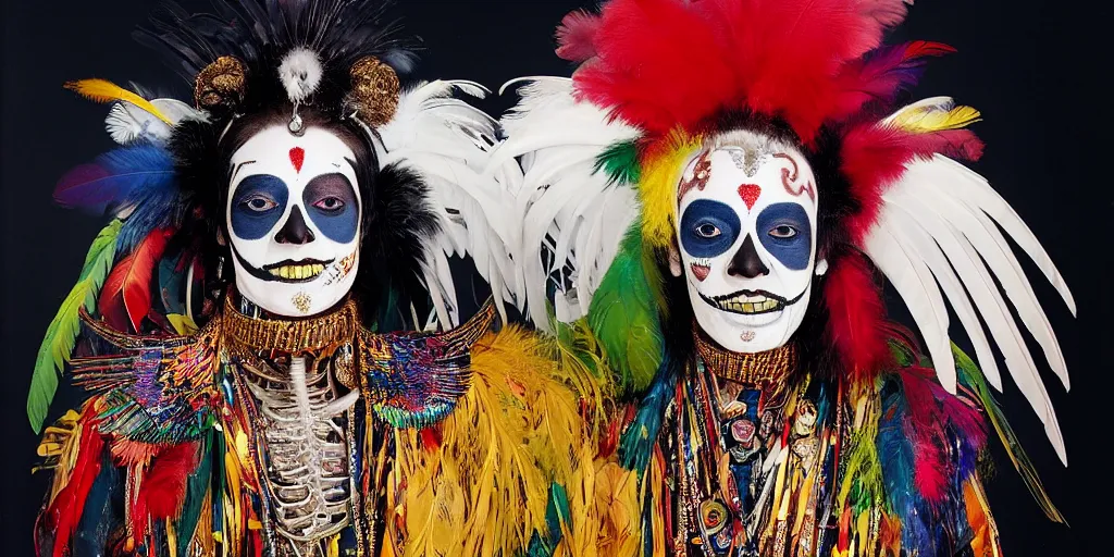 Image similar to ney matogrosso with paint on face, feathers, leather, lace, gold wings on head, tibetan skeleton dancer, painting by gottfried helnwein