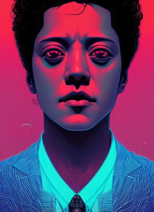 Prompt: symmetry!! stunning portrait of bruno mars, by victo ngai, kilian eng, vibrant colors, dynamic lighting, digital art, winning award masterpiece, fantastically beautiful, illustration, aesthetically inspired by beksinski and dan mumford, upscale with simon stalenhag work, artstation, 8 k