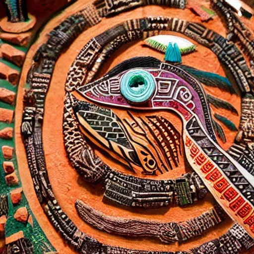 Image similar to Diorama of Aztec god Quetzalcoatl, intricate detail, macro 50 mm