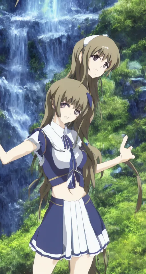 Image similar to high quality anime-style image of Hestia from Is It Wrong to Try to Pick Up Girls in a Dungeon wearing a plaid schoolgirl skirt, green curled pigtails hair, standing near a waterfall, 4k, digital art, wallpaper