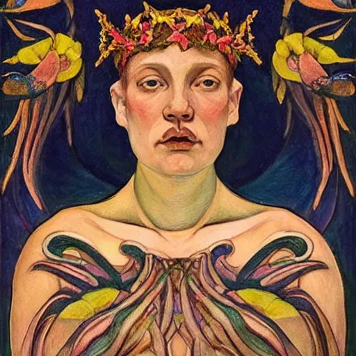 Image similar to the bone crown, by Annie Swynnerton!! and Nicholas Roerich and ((((((Diego Rivera)))))), embroidered robes, floral tattoos, bioluminescent skin!, elaborate costume, geometric ornament, symbolist, soft colors, dramatic lighting, smooth, sharp focus, extremely detailed