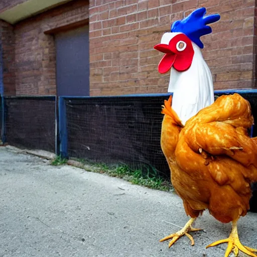 Prompt: chicken dressed as an inmate, real photo