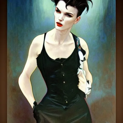 Image similar to beautiful portrait of androgynous ruby rose as desire from sandman in a white tuxedo!!!, rockabilly style,, by alphonse mucha, by jeremy mann, by peter lindbergh, cedric peyravernay, by frank moth, white suit and black tie, soft lightning, high detailed, 8 k