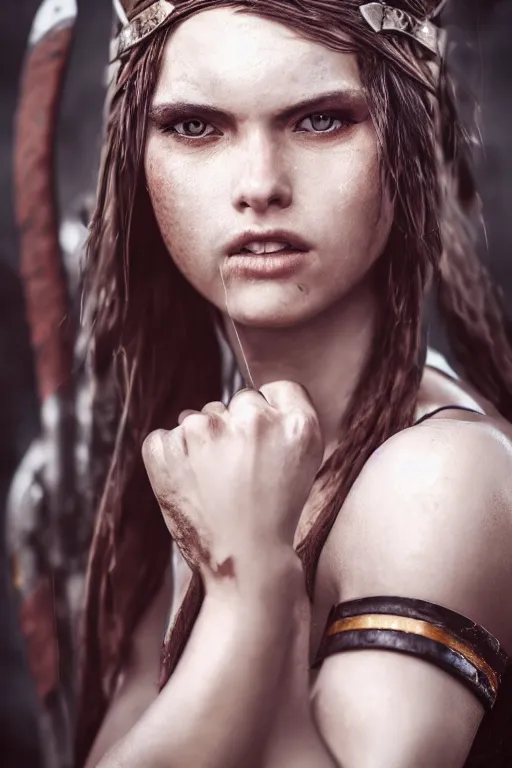 Image similar to head and shoulders focus portrait of a barbarian female high quality focus by wlop