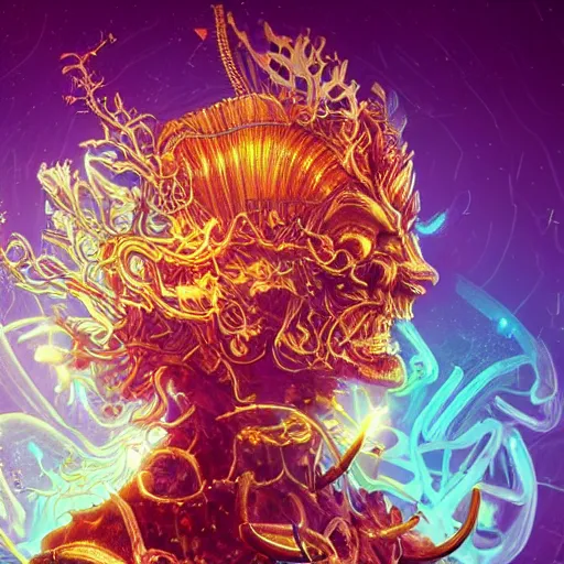 Image similar to 3 d portrait with hyperdimensional mycorrhizal fungal implants. beautiful intricately detailed alchemical retrowave golden armor. glowing bio luminescent outline, storm, pulse projections, plasma, creature, artwork by tooth wu and wlop and android jones and beetle and greg rutkowsk