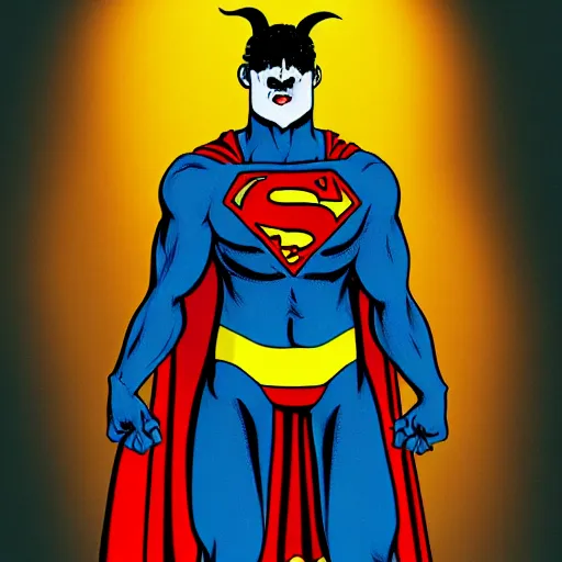 Image similar to satan dressed as superman is devil demon with tail. detailed. photorealistic