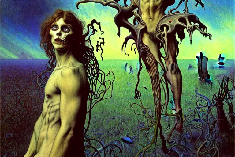 Image similar to realistic detailed portrait painting of a beautiful male zombie, nightly graveyard landscape background by Jean Delville, Amano, Yves Tanguy, Alphonse Mucha, Ernst Haeckel, Edward Robert Hughes, Roger Dean, masterpiece, cinematic composition, dramatic pose, 4k details, rich moody colours, blue eyes