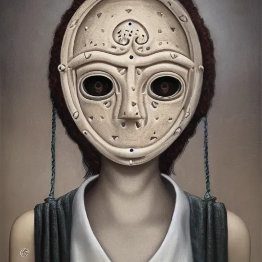 Prompt: sentinel with piercing eyes in an engraved mask portrait, ambient light - filled courtyard, morning light, romanesque architecture, chiaroscuro, atmospheric, light cascading, minimalist, lowbrow, pop surrealism, avery palmer, mark ryden, mike davis, marion peck, camille rose garcia, todd schorr and ray caesar, oil on canvas