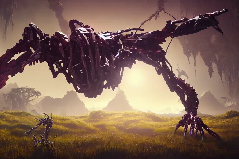 Image similar to portrait of a posed hyper detailed plowhorn evangelion realistic mechanical and fleshy organic creature similar look as horizon forbidden west horizon zero dawn bioluminiscence in a dark deep forest at dawn in spring, with reflection and textures, by kilian eng, substance painter reaslitic mech surface metal painted scratches