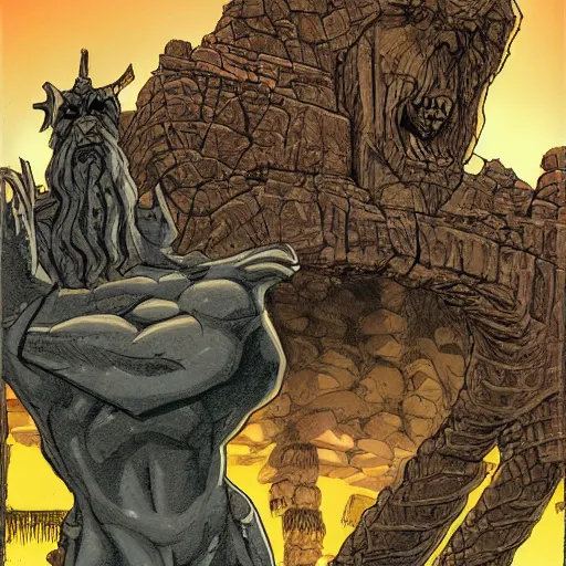 Prompt: precisely drawn illustration of a giant stone idol, wide angle, sharp, fine details, French comic style, vibrant realistic colors, full color, heroic fantasy, intense line art, 8k, precise linework, realistic, in the style of Heavy Metal Comics and Richard Corben and Moebius