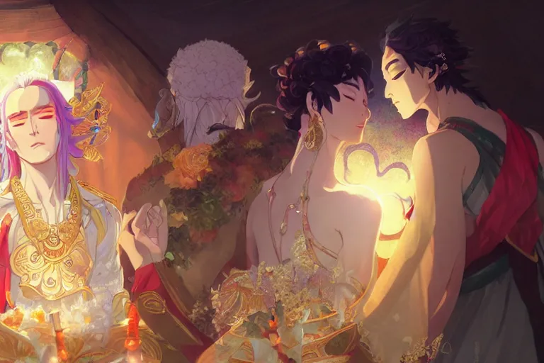 Image similar to close up moment of a divine a japan sun god and a moon goddess lovers magician at a wedding banquet, highly detailed, d & d, fantasy, 4 k realistic, digital painting, trending on artstation, concept art, sharp focus, illustration, art by makoto shinkai and akihiko yoshida and daniel gerhartz