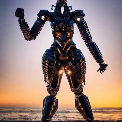 Image similar to chest up shot, realistic detailed stunning beautiful armored anthropomorphic humanoid robot female dragon, looking to the side with an elegant pose of hand on hip, smooth and streamlined armor and design made of steel, sharp claws and sharp teeth, high quality head, Slick LEDs, standing on two legs, on the beach during sunset, high quality, cinematic art, sci fi, sunset lighting, 3D render, 8k, artstation, deviantart, furaffinity