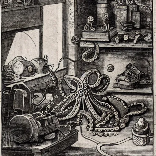 Prompt: an octopus in a car repair shop, engraving, ink, 1 7 th century