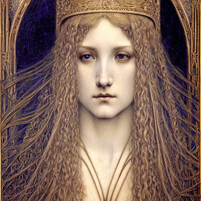 Image similar to detailed realistic beautiful young medieval queen face portrait by jean delville, gustave dore and marco mazzoni, art nouveau, symbolist, visionary, gothic, pre - raphaelite. horizontal symmetry