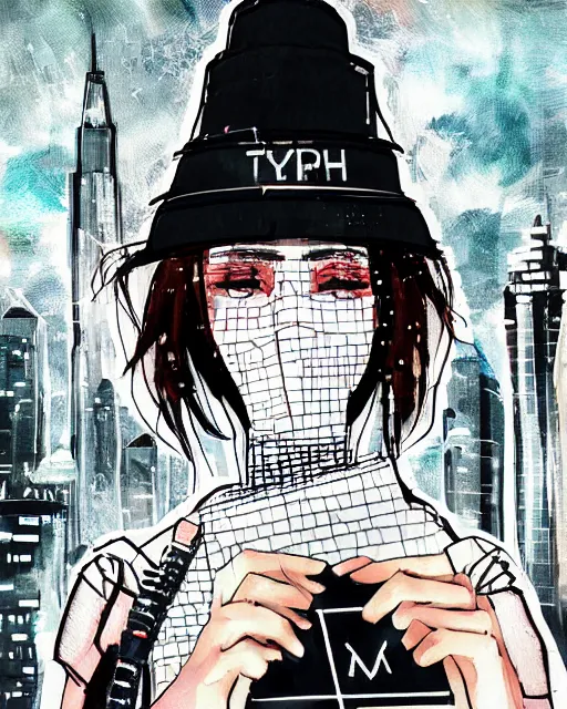 Image similar to cypherpunk fashion illustration, camera face, city street background with high tall buildings, abstract portrait highly detailed, finely detailed