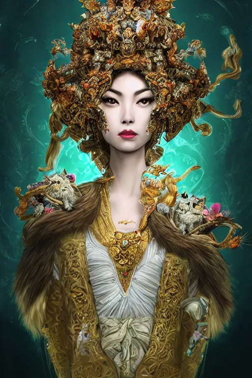 Image similar to a beautiful empress portrait, with a brilliant, impossible striking big Cat headpiece, clothes made of cats, everything cats, symmetrical, dramatic studio lighting, rococo, baroque, greens, asian, hyperrealism, closeup, D&D, fantasy, intricate, elegant, highly detailed, digital painting, artstation, octane render, 8k, concept art, matte, sharp focus, illustration, art by Artgerm and Greg Rutkowski and Alphonse Mucha