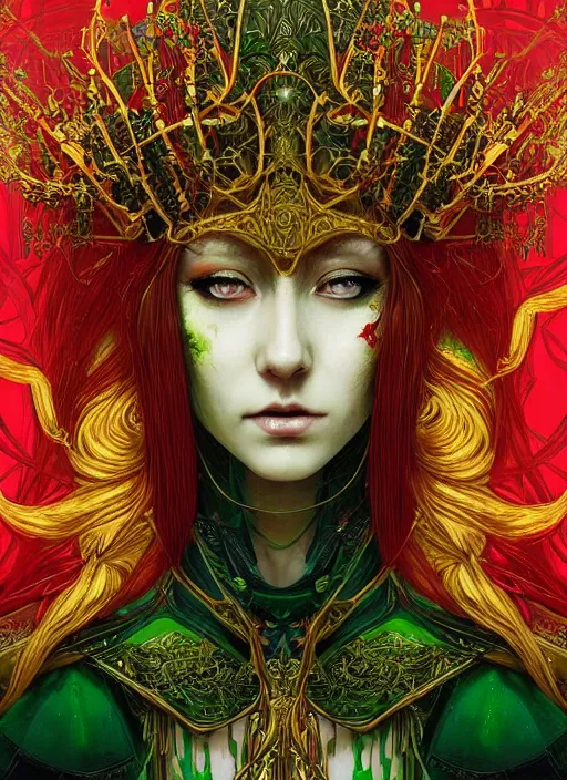 Prompt: a painting of a beautiful cyberpunk elven queen with long red hair, wearing green, red and gold ornate dress, golden intricate crown,. detailed symmetrical full body portrait, intricate complexity, concept art, by takato yamamoto, wlop, krenz cushart. cinematic dramatic atmosphere, sharp focus