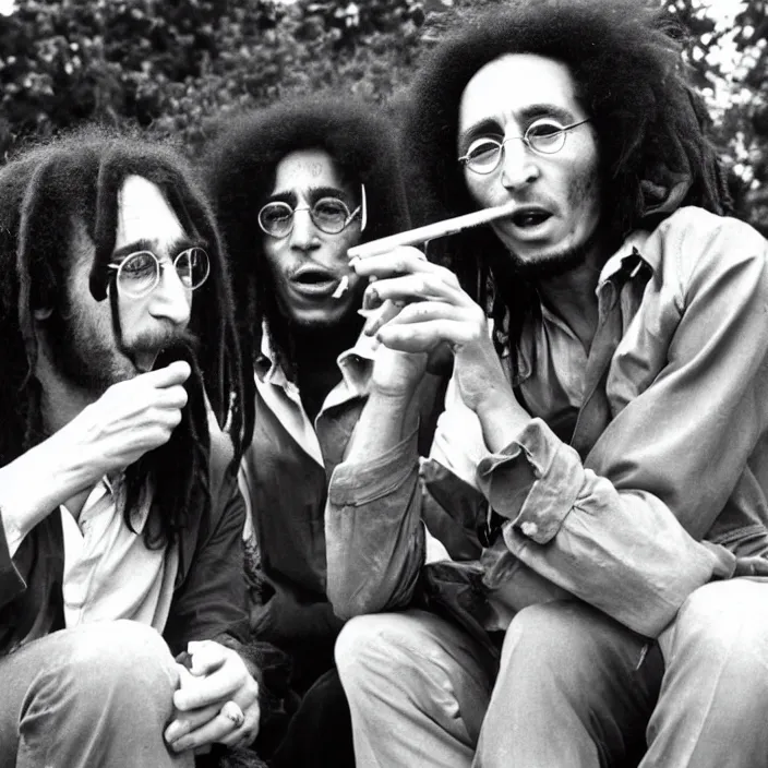 Image similar to john lennon smoking a joint with bob Marley, photograph by Willy Spiller, 1970s