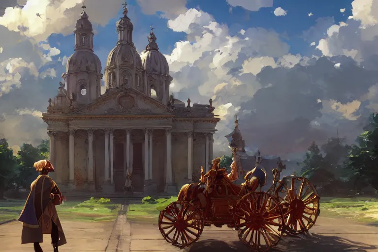 Image similar to a mobile driving ornate baroque church mounted on chainwheels, scene in an open field. key visual, conceptart, ambient lighting, highly detailed, digital painting, artstation, concept art, sharp focus, by makoto shinkai and akihiko yoshida and greg manchess