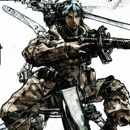 Prompt: hero sitting on a chair holding a sword on his back, looking at a army in the background illustrated by yoji shinkawa, pencil art, extra detail, dynamic, colored, blood, metal swords, sharp lines, textures, cyberpunk, handsome face