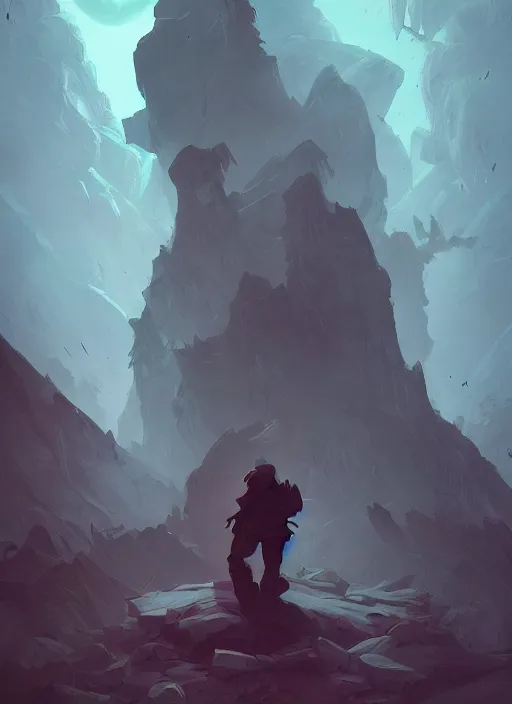 Prompt: Rugged Ghost wandering through dark foggy landscapes with broken Stone Statues and fallen Cities, in the Style of Artgerm and Charlie Bowater and Atey Ghailan and Mike Mignola, vibrant colors and hard shadows and strong rim light, Comic Cover Art, plain background, trending on artstation