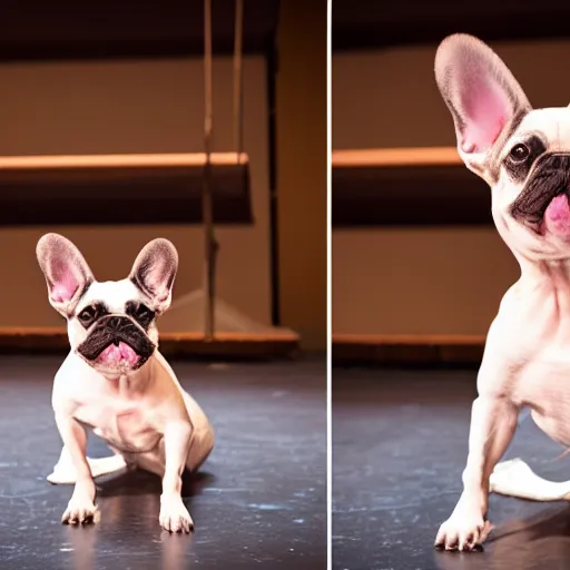 Image similar to professional stage photography of a french bulldog in an opera gown