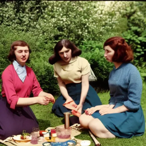Prompt: delia derbyshire and daphne oram and wendy carlos are having a picnic in a beautiful garden
