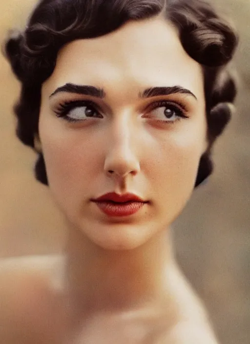 Prompt: kodak portra 4 0 0, 8 k, highly detailed, britt marling style 3 / 4 photographic close - up face of a beautiful gal gadot with 1 9 2 0 s hairstyle, 1 9 2 0, 1 9 2 0 s style, symmetrical, hasselblad x 1 d - 5 0 c, medium format. soft light