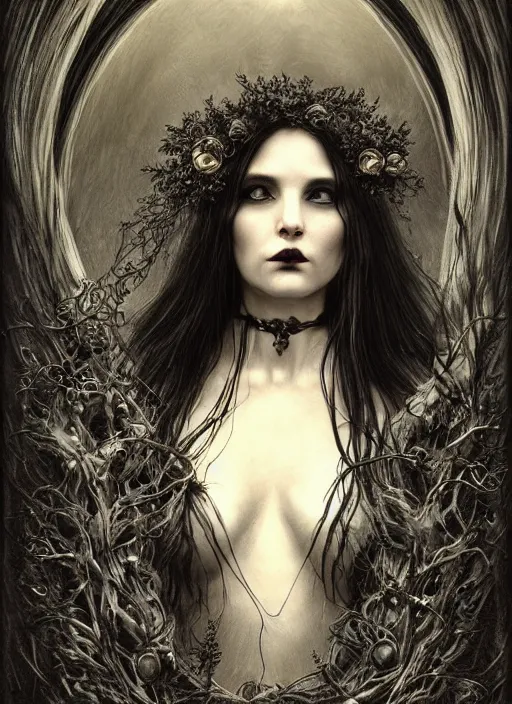 Prompt: gothic witch maiden holding a wreath and wearing a cloak, long beautiful strands of black hair, engraving, concept art, elden ring, illustration, smooth, sharp focus, by gustave dore and greg rutkowski, hyper realistic face, piercing beautiful eyes, fantasy art, in the style of midjourney, intricate, alphonse mucha, hyper detailed