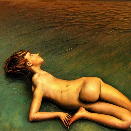 Prompt: high quality high detail painting by lucian freud and beksinski, hd, girl swimming