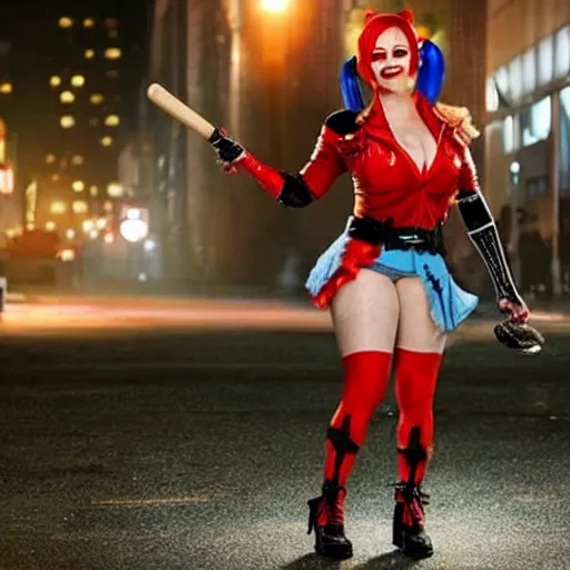 Prompt: Beth Phoenix as Harley Quinn on the street in Gotham City at night, holding a baseball bat