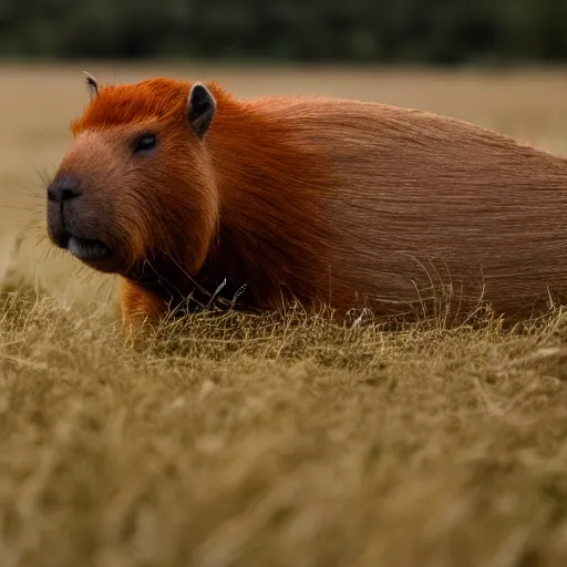 Image similar to cinematic shot of a thin ginger woman riding on top of a giant capybara in a field, 8k, dslr, detailed and realistic face,