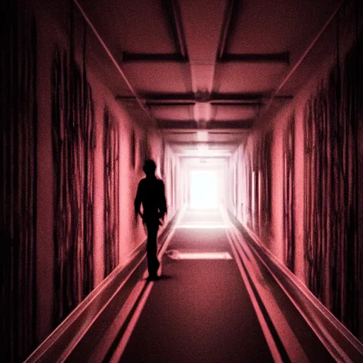 Image similar to photograph of an extremely dark narrow hallway with glowing humanoid cryptid made out of television static, dark deep black shadows, red and black color contrast in the style of trevor henderson, liminal space, 3 d octane render, glitch effect