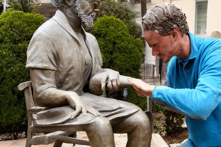 Prompt: a man who is sitting upright in a chair is touching a completed statue