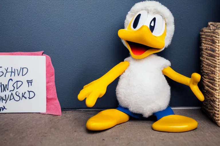 Prompt: donald duck hide in dark corner of messy room, smiling, warm low light, werid core