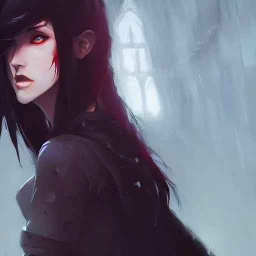 Image similar to female human vampire witch in the style of greg rutkowski, makoto shinkai, trending on artstation, character design, concept art, pretty face, highly detailed, long black hair, portrait, digital art