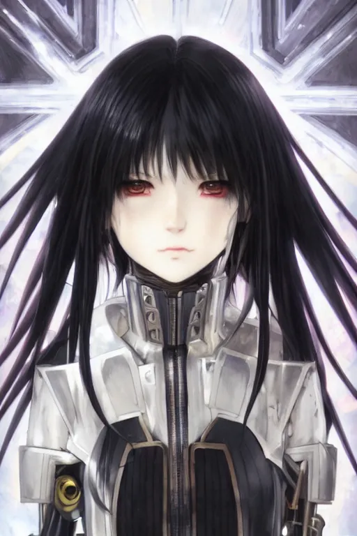 Image similar to portrait Anime girl in cyberpunk trinity blood armor, cute-fine-face, black-hair pretty face, realistic shaded Perfect face, fine details. Anime. realistic shaded lighting by Ilya Kuvshinov katsuhiro otomo ghost-in-the-shell, magali villeneuve, artgerm, rutkowski, WLOP Jeremy Lipkin and Giuseppe Dangelico Pino and Michael Garmash and Rob Rey and Yoshitaka Amano and Thores Shibamoto