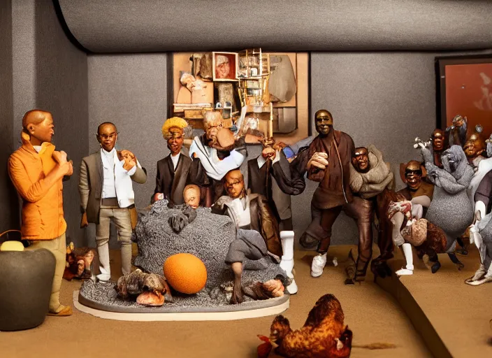 Prompt: detailed studio photography of a claymation diorama of kanye west hosting a party for chicken, zeiss lens, detailed, by erwin olaf, joop geesink, wes anderson, jim henson, brian froud, breathtaking, 8 k resolution, beautiful lighting, studio light, extremely detailed, establishing shot, realistic materials, hyperrealistic