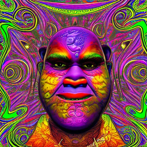 Image similar to a detailed digital art of Shrek in the style of Alex Grey, psychedelic, fantasy, 8k, ornate, intricate