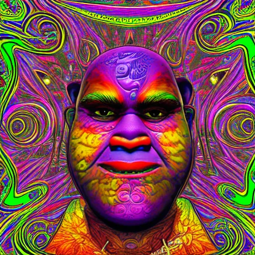 Prompt: a detailed digital art of Shrek in the style of Alex Grey, psychedelic, fantasy, 8k, ornate, intricate