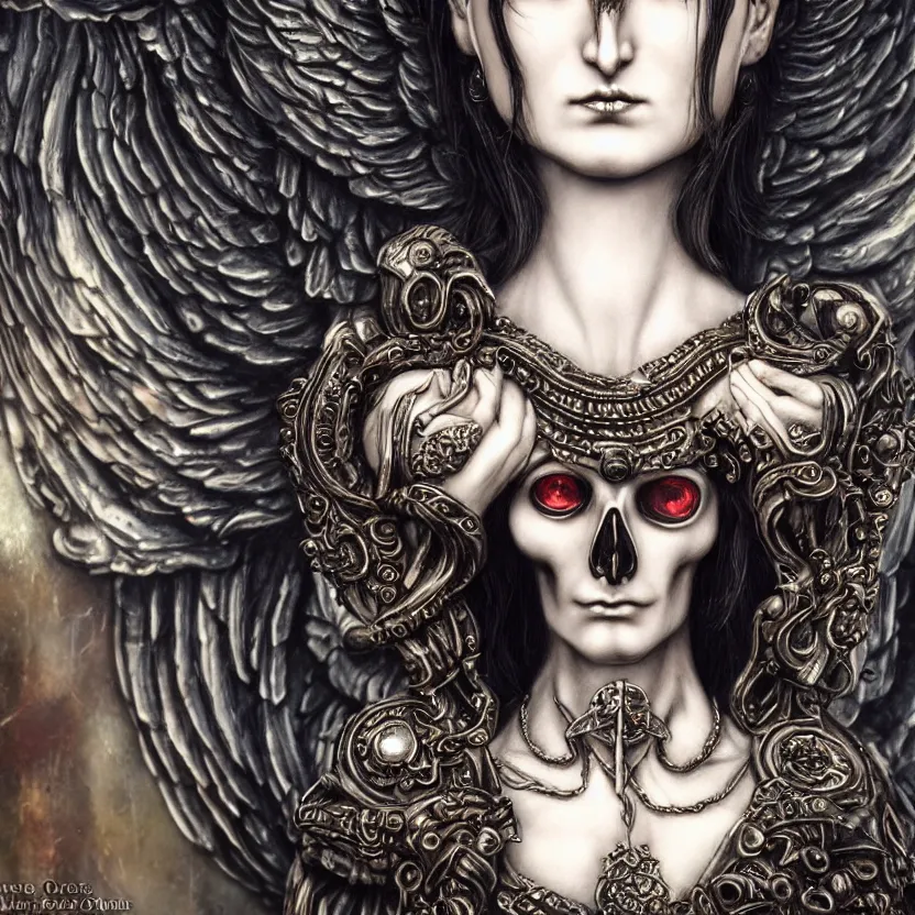 Prompt: centered portrait, close up, candid photography, goddess of death, by anne stokes, updo, highly detailed, accurate