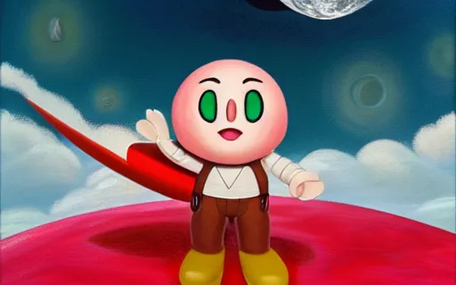 Prompt: mascot character Kirby on the moon, oil painting on canvas, 8k, highly detailed, soft lighting