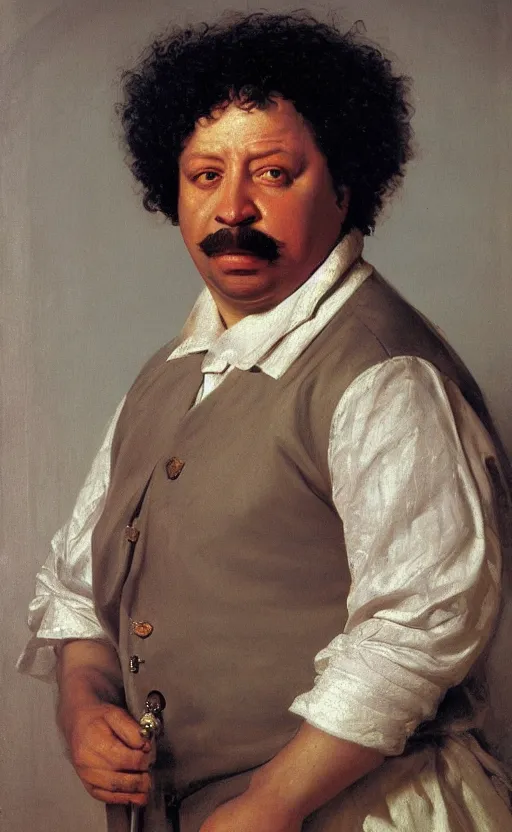 Prompt: Portrait of Alexandre Dumas, oil on canvas, highly detailed, by Kramskoy, 8k