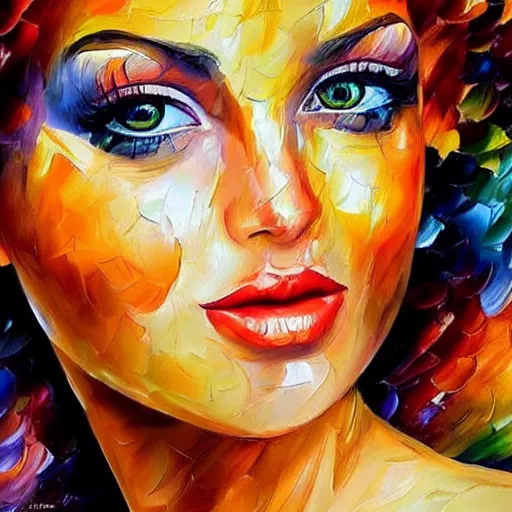 Image similar to painting of a gorgeous self conscious woman in the style of leonid afremov, hyperrealistic eyes, elaborate hairstyle, low contrast, silk skin