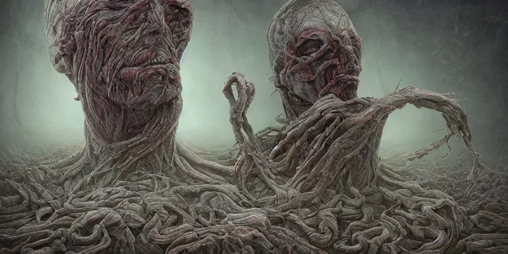 Prompt: skin folded like a blanket, veins, muscle tissue, blue veins underneath the skin, sub surface scattering, body unraveling like a ribbon, surreal, dreamscape, the thing, horror, cosmic horror, junji ito, larry elmore, gediminas pranckevicius, h. r. giger,