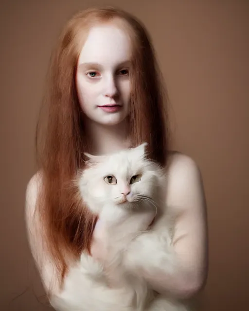 Image similar to a portrait of a young woman with very long pink hair undulating on the wind, light brown eyes, slightly chubby, pale skin, pretty, cute, holding a white cat. by viorie and laia lopez