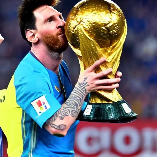 messi kissing the soccer world cup trophy | Stable Diffusion