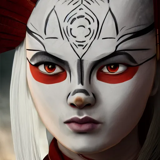 Prompt: portrait of Kyoshi Warrior from The Last Airbender in facepaint, digital art, highly detailed, concept art, intricate, sharp focus, Trending on Artstation HQ, unreal engine 5, 4K UHD image